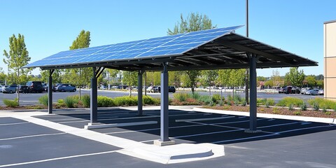 Obraz premium A solar panel canopy is set up in the parking lot of an office building