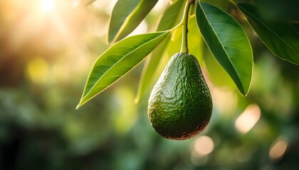 Close-up of a single ripe avocado hanging from a branch
