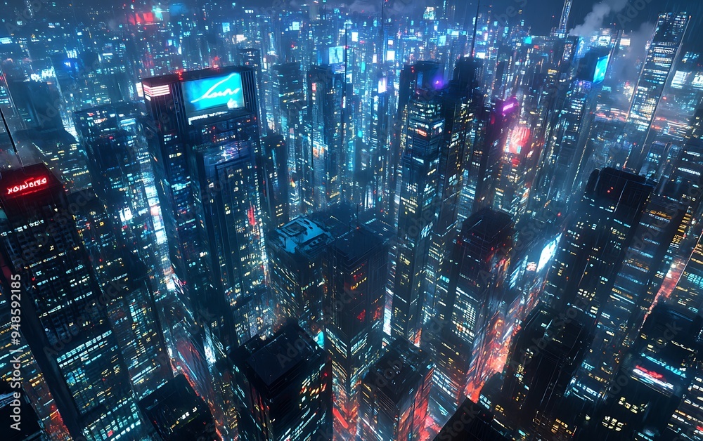 Poster smart cityscape at night with ai-driven data links and holographic advertisements, futuristic glow, 