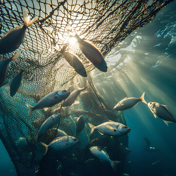 Underwater view of fish swimming inside large aquaculture net with visible mesh and distant trawling net in clear water

