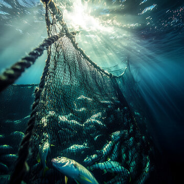 Underwater view of fish swimming inside large aquaculture net with visible mesh and distant trawling net in clear water

