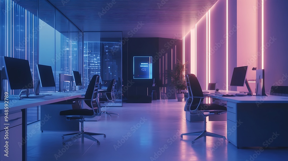 Poster Minimalist AI-Powered Workspace with Virtual Assistant Holograms and Sleek Design, Calm and Efficient Atmosphere, Photo Realistic