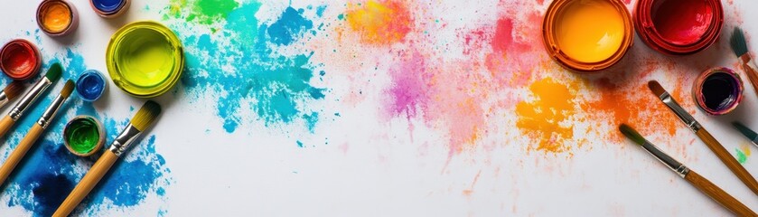 Fototapeta premium Colorful watercolor paints and brushes on white background, creating a vibrant and artistic splash of colors.