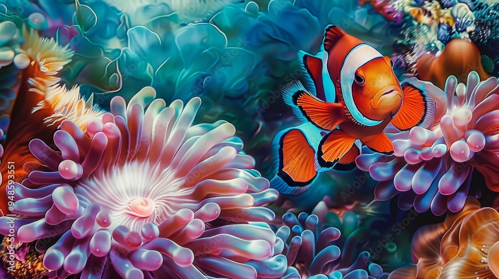 Canvas Prints A vibrant clownfish swims amongst colorful coral in a tropical reef.