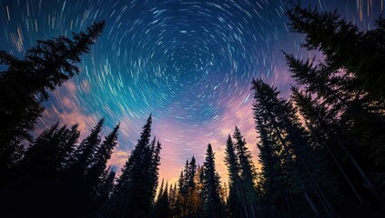 A starry night sky with swirling stars over the forest, creating long exposure photography