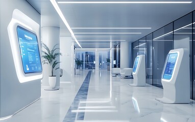 Futuristic Bank Lobby with AI-Driven Customer Service Kiosks and Holographic Displays, Modern and Efficient Atmosphere, Photo Realistic