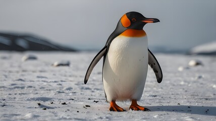 Obraz premium A solitude magnificent King penguin standing proudly on a snowy landscape.it is the ice-Bird. 