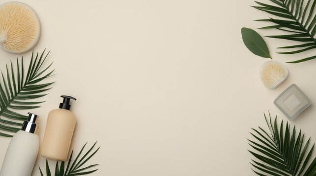 Elegant flat lay of skincare products on a neutral background, surrounded by tropical leaves and beauty accessories.