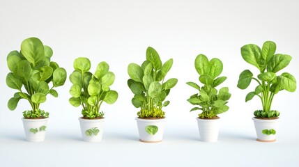 Fototapeta premium A stunning display of green plants in pots showcasing growth stages, perfect for promoting gardening and nature themes.