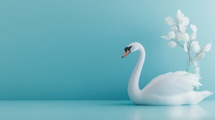 Fototapeta premium White Swan Figurine with Flowers on Turquoise Background