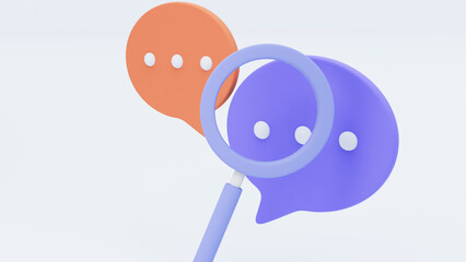 Minimalist magnifying glass looking at chat bubbles, speech bubbles