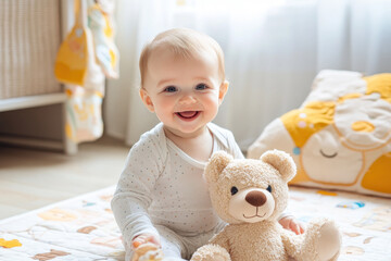 Fototapeta premium Baby with teddy on nursery floor, cheerful ambiance
