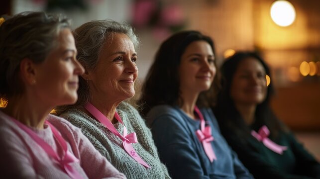 A group of women of different ages and backgrounds sitting together in a support group, all wearing pink ribbons, with warm lighting creating a sense of community and shared experience in the journey