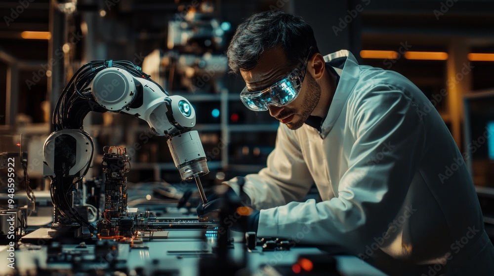 Aufkleber a man in a lab coat is working on a robot