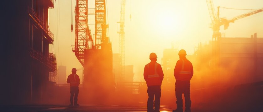 Silhouetted workers stand against a vibrant sunset at a construction site, highlighting teamwork and industry.