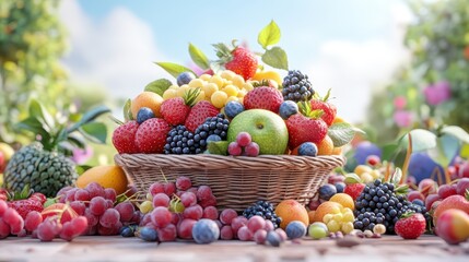 A vibrant basket overflowing with assorted fresh fruits, set against a colorful backdrop of nature, ideal for healthy living themes.