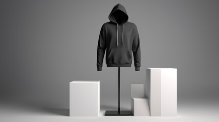 Black plain hoodie on 3D mannequin, podium display, neutral background