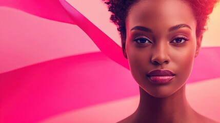 A vibrant image of a woman with a determined expression, wearing a pink ribbon, set against a dynamic pink background, symbolizing her strength and commitment to raising breast cancer awareness