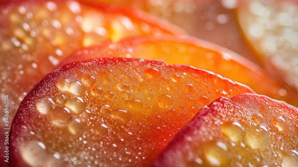 Wall mural Close-up of Red and Yellow Grape Slices Covered in Water Droplets