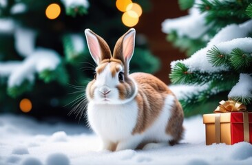 Rabbit sits under snow-covered fir trees with lights and Christmas gifts