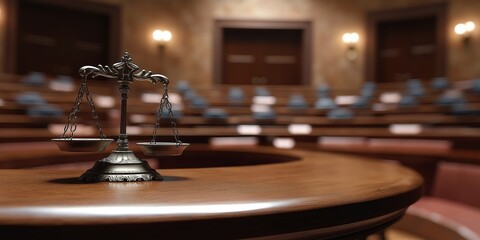 Fototapeta premium The floating golden scales of justice on the judge's table, courtroom background, law and justice concept, close-up view. 
