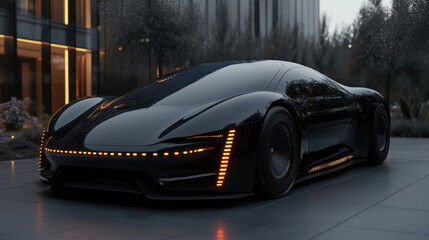 A cutting-edge black sports car with sleek, aerodynamic design and LED lighting, showcased in a modern urban setting during twilight.