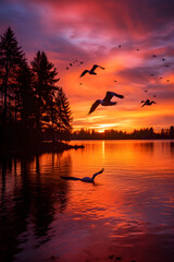 Sunset Reflections: Majestic Geese in Flight Over a Tranquil Lake