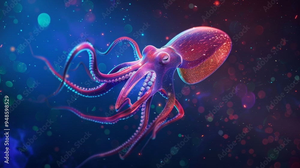 Canvas Prints A vibrant, bioluminescent octopus swims through a glittering ocean.