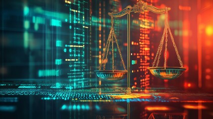 Fototapeta premium Law scales on background of data center. Digital law concept of duality of Judiciary, Jurisprudence and Justice and data in the modern world.