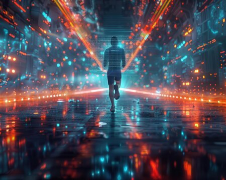 Athletic man in a futuristic environment, running with holographic fitness data overlay, heart rate tracking, vibrant background