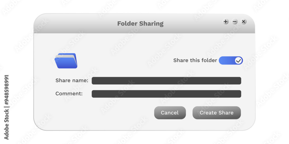 Poster modern folder sharing program in blue color with settings. sharing documents software on screen.