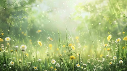 Fototapeta premium Sunlit Meadow with Dandelions and Wildflowers.