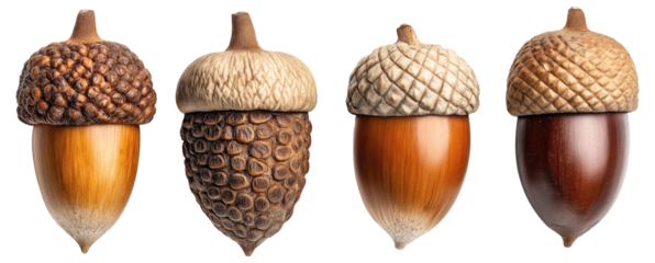 Close-up of four different types of acorns in a row on a white background.