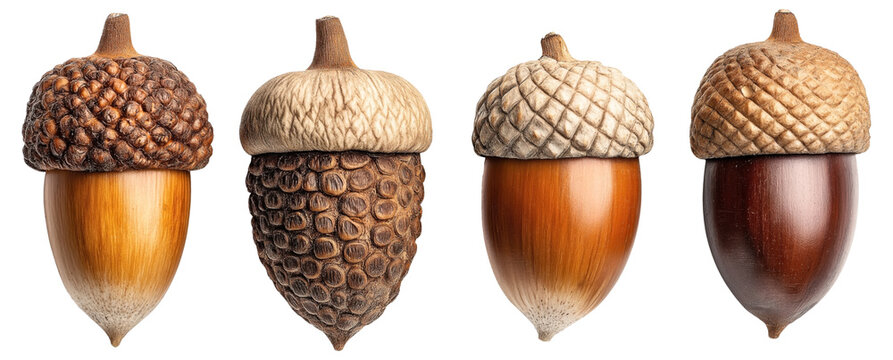 Close-up of four different types of acorns in a row on a white background.