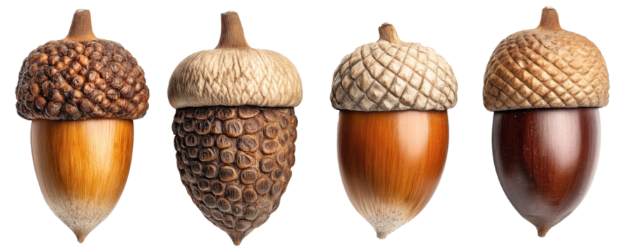 Close-up of four different types of acorns in a row on a white background.