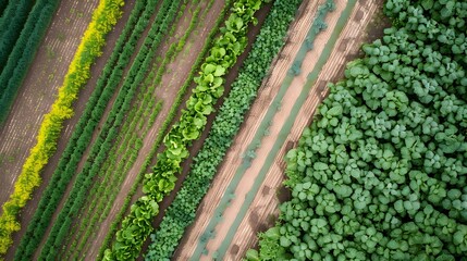 Top drone view over rows of vegetable patch as woman steps in to harvest onions isolated on white background, png