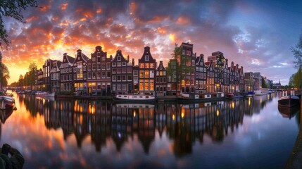 Naklejka premium Amsterdam's canals are lined with tall, unique narrow houses. Each house has unique architectural details.