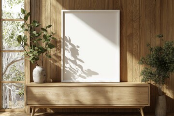 Poster Frame Mockup on Wooden Interior Background created with Generative AI
