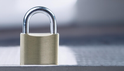 Naklejka premium Stainless steel padlock on metal surface. Blurred backdrop.