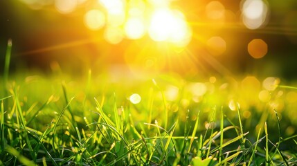 Obraz premium Sunny grass close-up, sunbeams, bokeh.