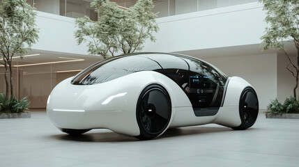 In a modern urban landscape, surrounded by contemporary architecture, a sleek, futuristic white car with an innovative wheel design is parked.