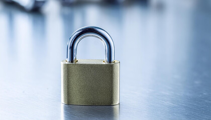 Naklejka premium Stainless steel padlock on metal surface. Blurred backdrop.