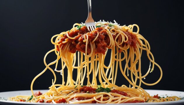 A slow-motion depiction of spaghetti being twirled on a fork, with strands gracefully winding around and sauce splashing, capturing the elegance and messiness of the dish, Generative AI