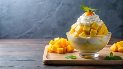 Ice bingsu milkshake with ripe mango in bowl isolated on background, Bingsu, milkshake, ripe mango, dessert, cold, refreshing