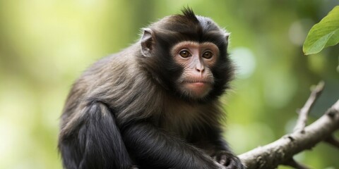 Obraz premium A small monkey with black fur and a white belly is hanging from a branch.