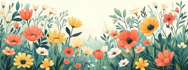 An illustration of a charity event during spring, with blooming flowers and space for seasonal text. Art style: Bright, pastel colors, spring theme