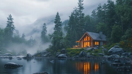 Fototapeta premium A cabin is surrounded by trees and a body of water