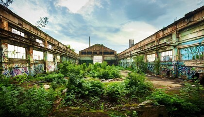 Obraz premium Vegetation growing in an abandoned factory building with graffiti on the walls