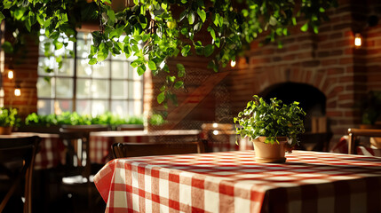 Charming restaurant interior with rustic decor, checkered tablecloth, and greenery, creating a cozy dining atmosphere.