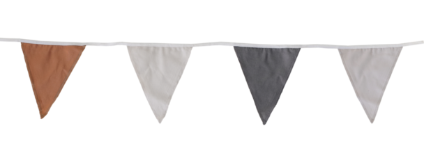 Orange, black, white textile bunting flags isolated on transparen background. Simple pastel fabric birthday garden party flags decor. Summer, autumn or Halloween holiday decoration, festive web banner